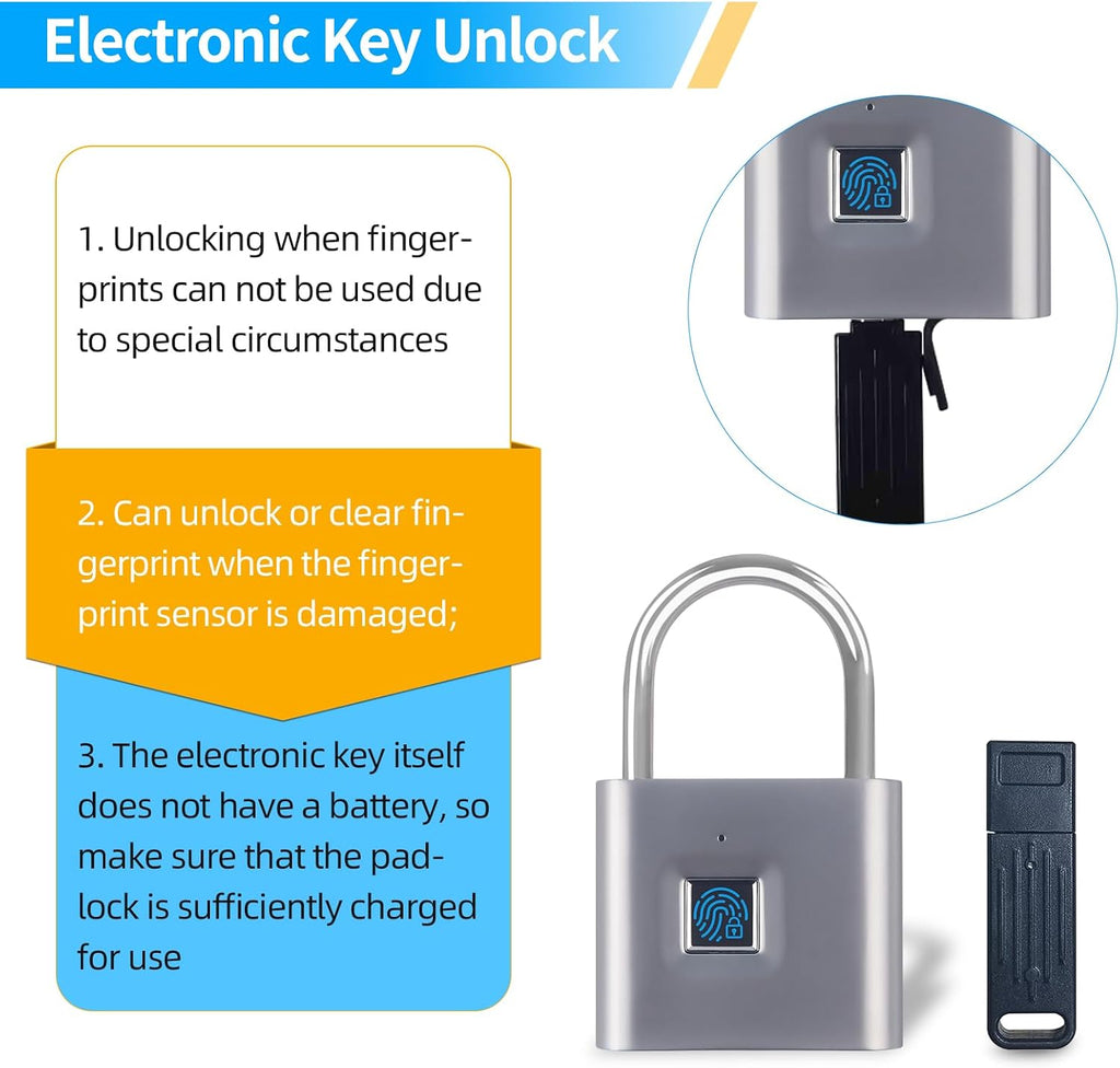 Fingerprint Padlock, Portable USB Charging with Reset Key, Smart Padlock Quick Unlock, Waterproof and Rustproof, Padlocks for School Locker, Warehouses, Gym, Homes, Office Cabinets - Image 3