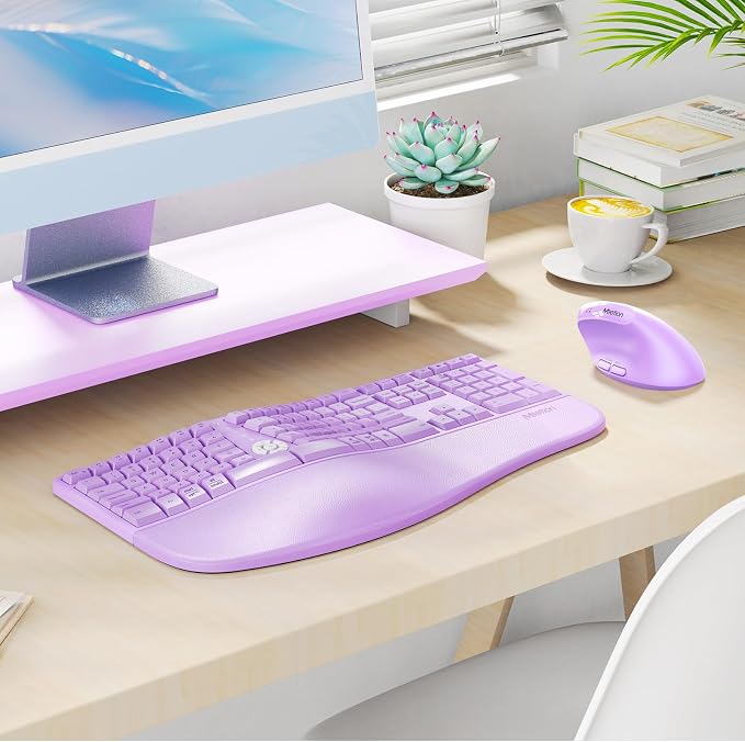 MEETION Ergonomic Keyboard Mouse Combo, Split Design Vertical Mouse, Purple | Rechargeable full-size keyboard with cushioned wrist rest, 2.4GHz USB receiver, natural typing, for Windows, Mac, PC, laptop - Image 8