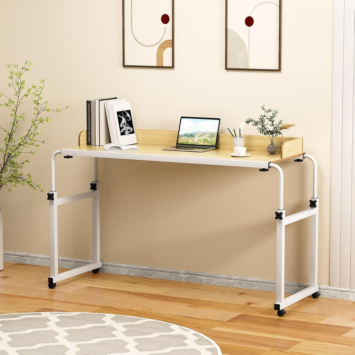 Adjustable Height Overbed Table, Rolling Overbed Bedside Desk with Raised Baffle and Spacious Desktop, Over BedTable with Wheels for Home Office Bedroom Hospital Use (Wooden Color1) - Image 4