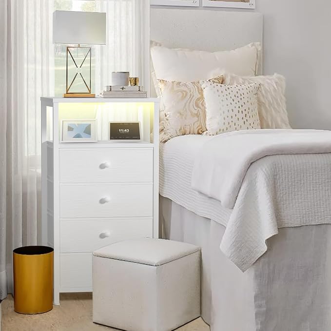 BOLUO Tall Night Stand with Drawers, White Nightstand with Charging Station and LED Light, Small White 4 Drawer Dresser for Bedroom, Room Storage Closet - Image 8