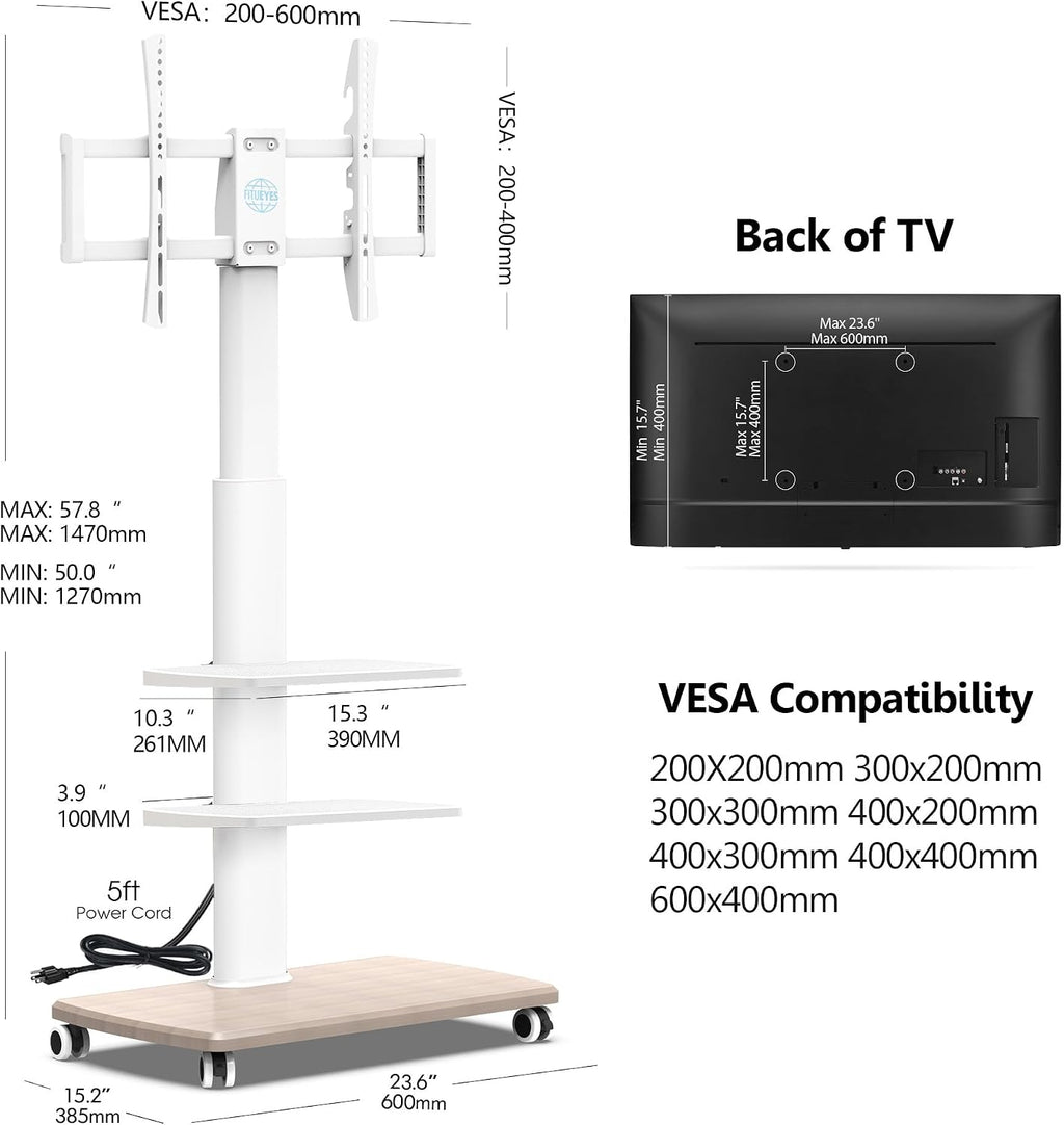 FITUEYES Rolling TV Stand with Power Outlets, for 32-75 InchTVs, White - Image 6