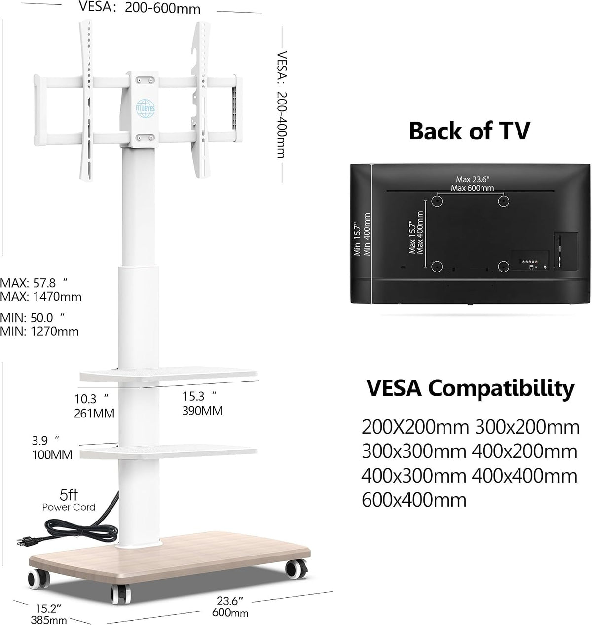 FITUEYES Rolling TV Stand with Power Outlets, for 32-75 InchTVs, White - Image 6