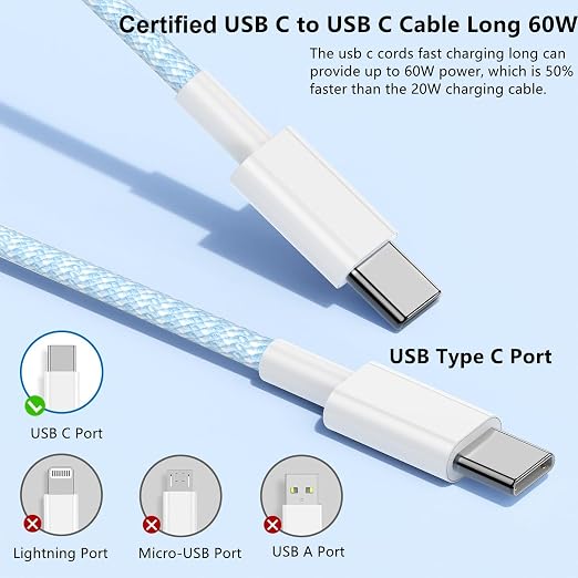 USB C to C Charger Cable 10ft, 60W Type C to C Fast Charging Cable Cord Long for Apple iPhone 17 Pro Max/17 Air/16 Pro Max/16 Pro/15 Plus/15 Pro Max/MacBook 2021/2020/2019,iPad Pro/Mini/Samsung Galaxy - Image 2