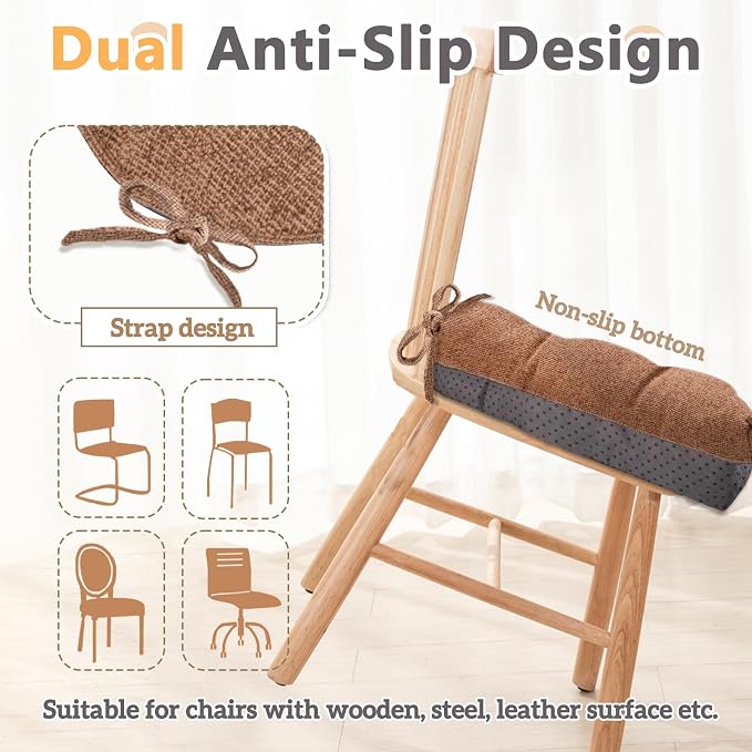 MAGIC ELEPHANT Chair Cushions for Dining Chair, Shredded Memory Foam Kitchen Chair Cushions Set of 4, Non-Slip Thick Dinning Room Chair Pads Seat Cushions, 15.5" x 15.5" x 4" (Brown) - Image 4