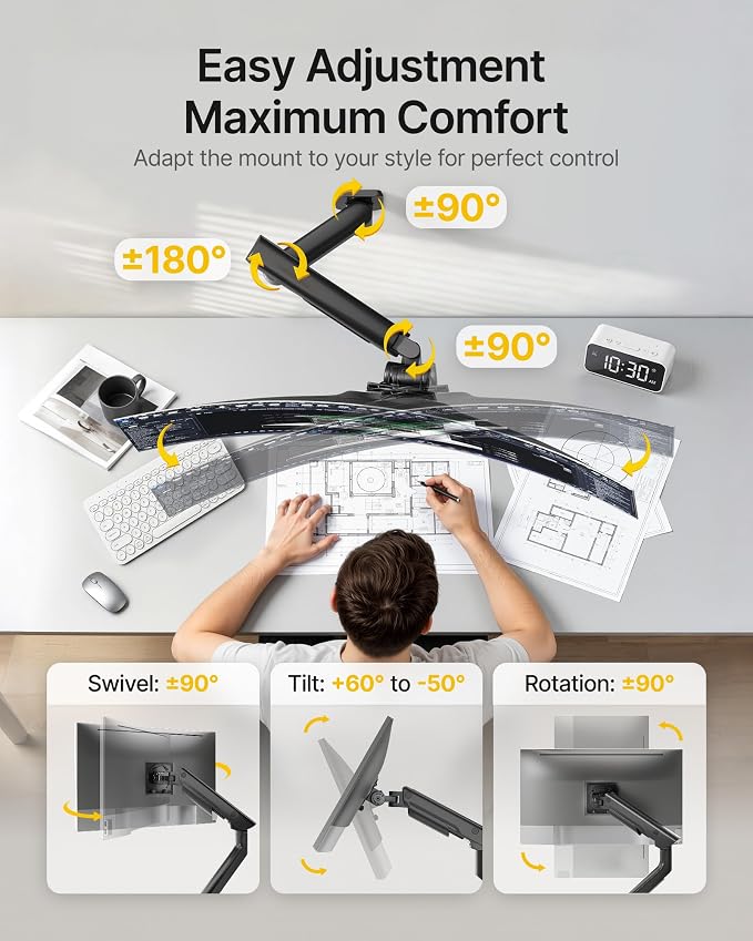 monTEK Monitor Wall Mount for 17-57" Ultrawide, 59.4 lbs, Black | Pneumatic lift, full-motion aluminum arm, quick-release VESA 75/100 plate and cable management for curved or flat screens - Image 7