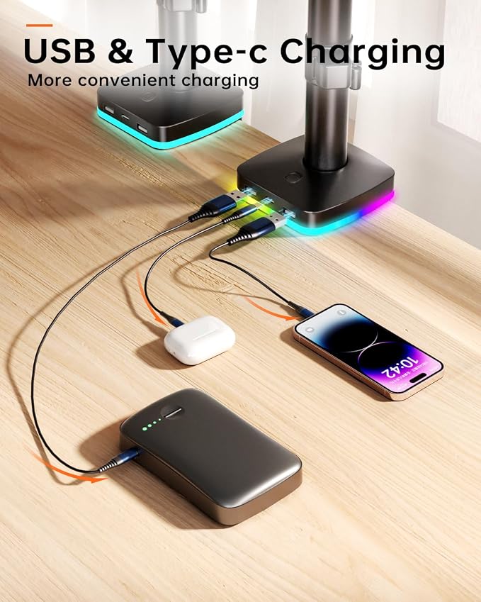 Afaloona RGB Monitor Arm with USB Hub for 13-27" Monitor, up to 17.6 lbs | Monitor mount with 1 USB-C and 2 USB-A ports supports charging and data transfer for office setups, gaming and workstations - Image 3