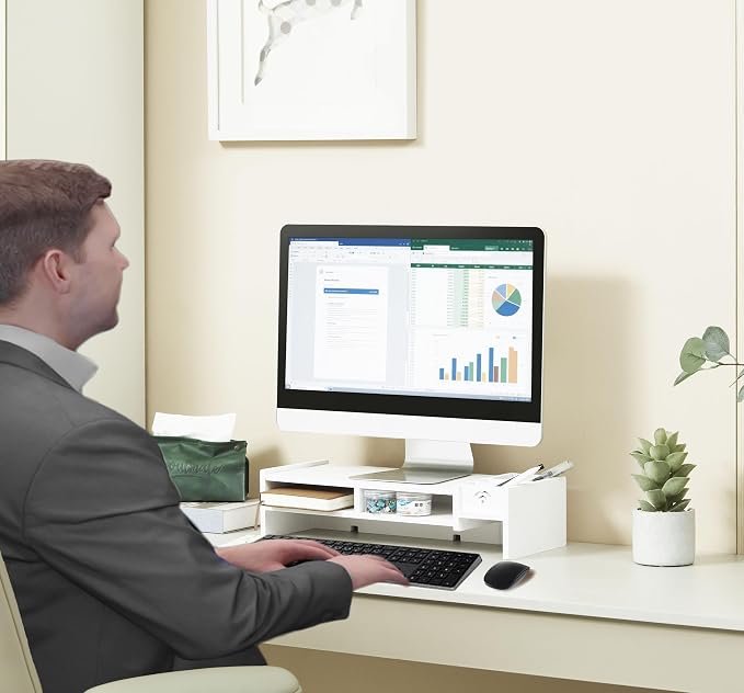 White Monitor Stand Riser, MDF Laptop Riser Shelf with Organizer(4.7" Hx8.1 Wx19.5 L) - Image 6