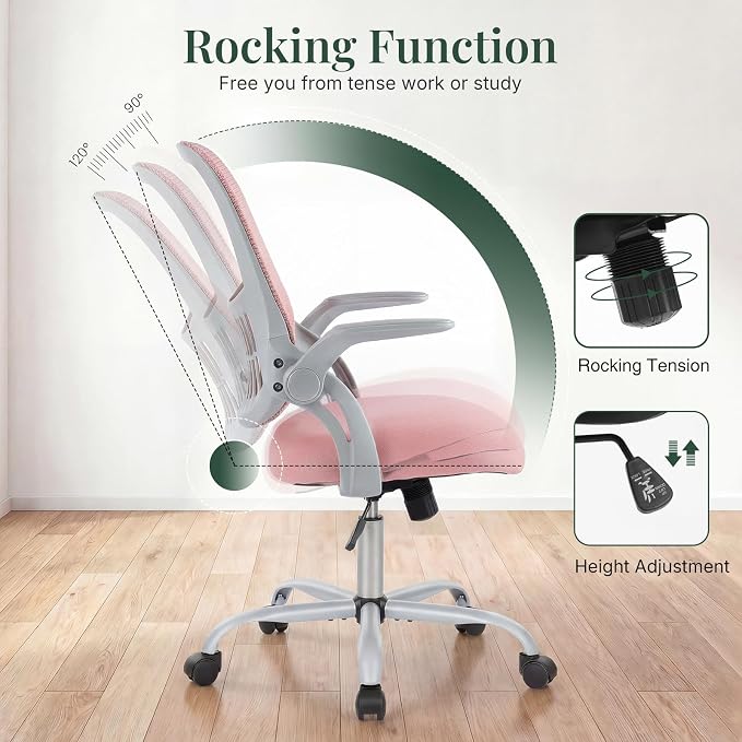Home Office Desk Chair with Flip-up Armrest, Computer Chair | Lumbar Support, Height Adjustable, Mesh Mid-Back, Ergonomic Task Gaming Chair with 360° Swivel Wheels for Adults, Pink - Image 4