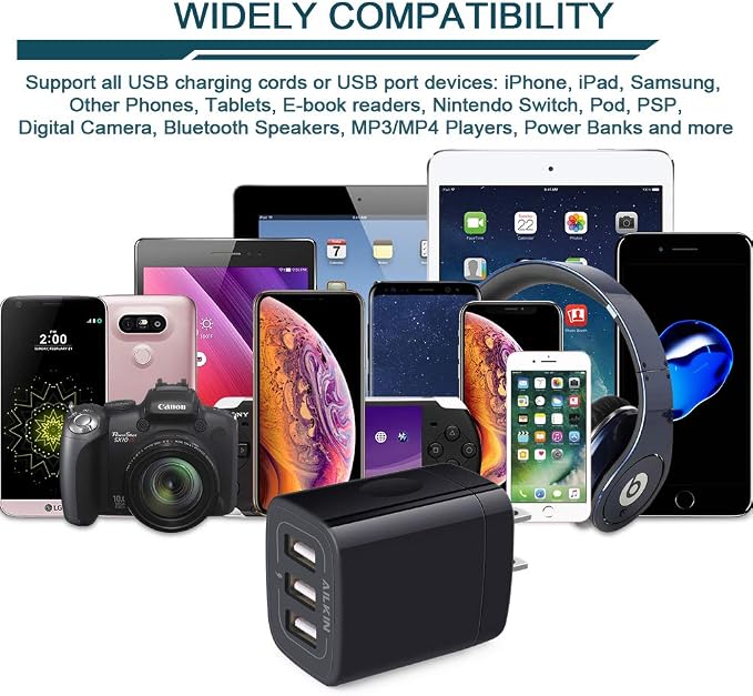 Wall Charger Plug, USB Charger Cube, AILKIN 3.1A 3-Muti Port USB Adapter | Power Plug Charging Station Box Black Base for iPhone 17 16 15 14 13 12 11 Pro Max/SE, Samsung Galaxy Phones Charge Block - Image 6