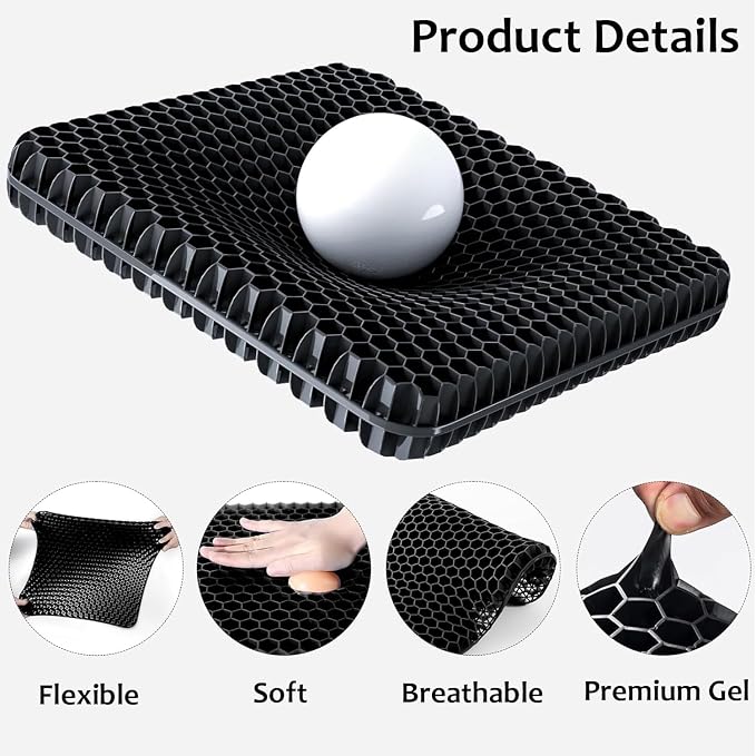 Gel Seat Cushion, Jumbo&Thick Gel Cushion with Non-Slip Cover for Home Office Car Seat Wheelchair, Soft Breathable Honeycomb Chair Pads for Relieve Hip Pain, Black 20x20x1.9inch - Image 3