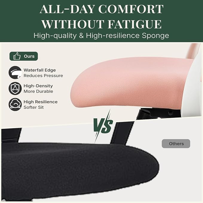 Ergonomic Desk Chair Comfy, Mesh Office Chair, for Home Office | Adjustable Headrests, Flip-up Arms, Breathable Mesh High-Back, Swivel Wheels, for Girls, Pink - Image 5