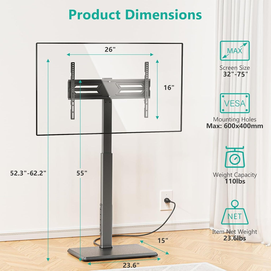WALI Floor TV Stand with Power Outlet, Tall TV Stand Mount for 32-75 inch TV up to 110 lbs, Swivel and Height Adjustable TV Stands with Wood Base for Bedroom, Living Room(TVDVD-7P), Black - Image 7