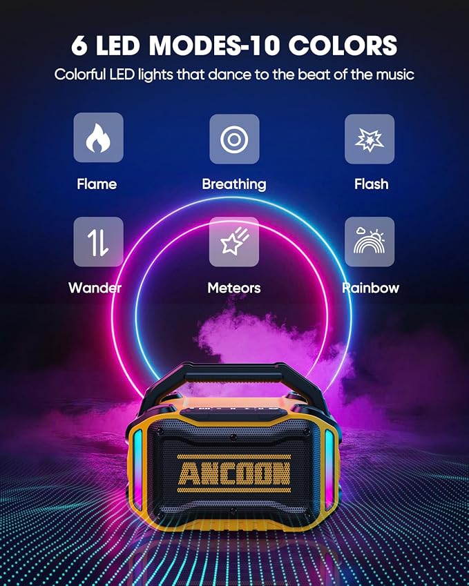ANCOON Speakers Bluetooth Wireless: 80W(Peak) Loud Speaker with Bass, 20H Playtime, IPX6 Waterproof, Large Jobsite Speakers for Work, Outdoor, Workshop, Garage, Portable Speaker with TWS (Yellow) - Image 6