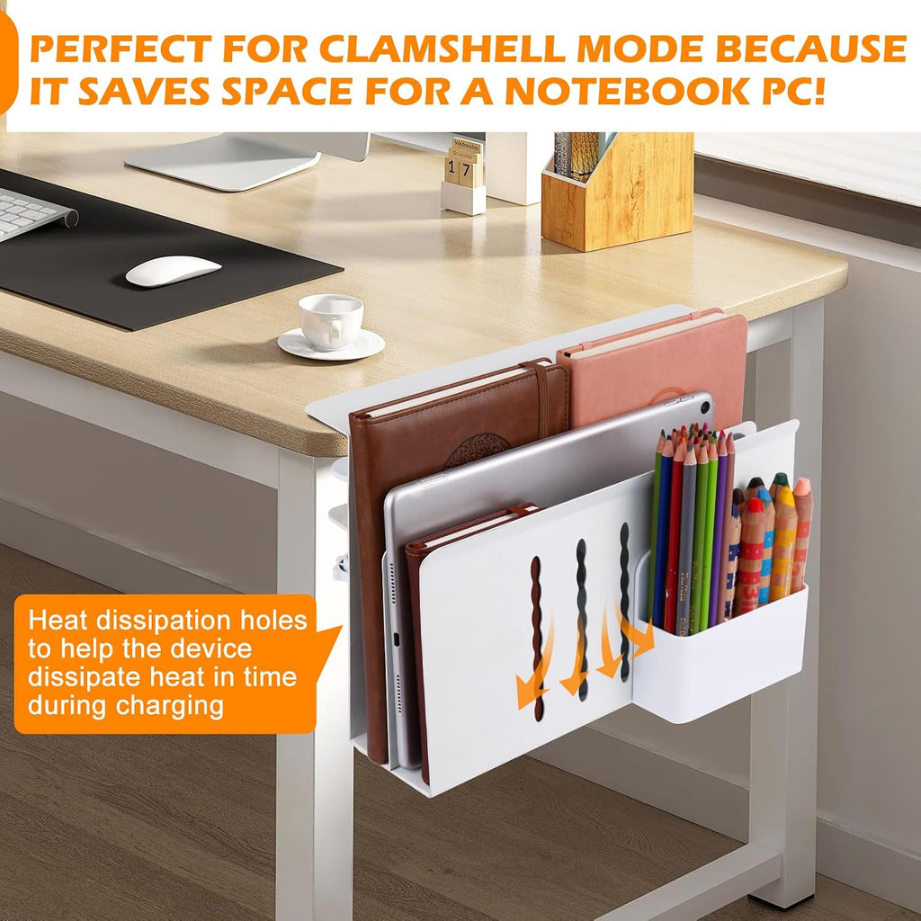 Desk Side Storage, 2 Tier Steel Hanging Organizer, No Drill Side Desk Organizer, Laptop Holder, with Pen Holder, For Office Supplies & Studio Essentials - Image 3