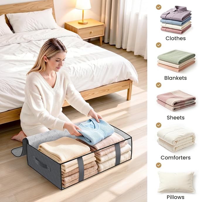 StorageRight Under Bed Storage Bags, 4 Pack, 40L, Gray | Breathable Non-Woven Fabric with a Clear Window and Zippered Top for Clothes, Comforters, Blankets and Seasonal Storage - Image 7