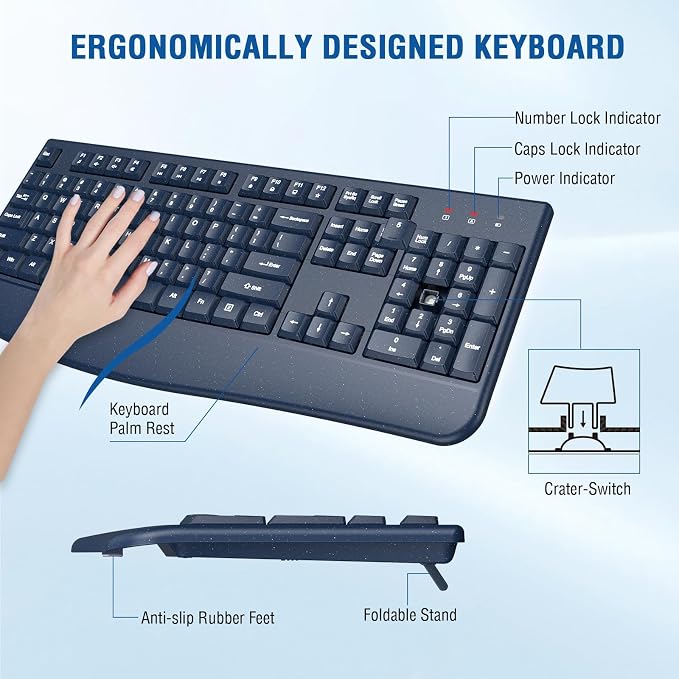 Wireless Keyboard and Mouse Combo, EDJO 2.4G Full-Sized Ergonomic Computer Keyboard with Wrist Rest and 3 Level DPI Adjustable Wireless Mouse for Windows, Mac OS Desktop/Laptop/PC(Galaxy Blue) - Image 4