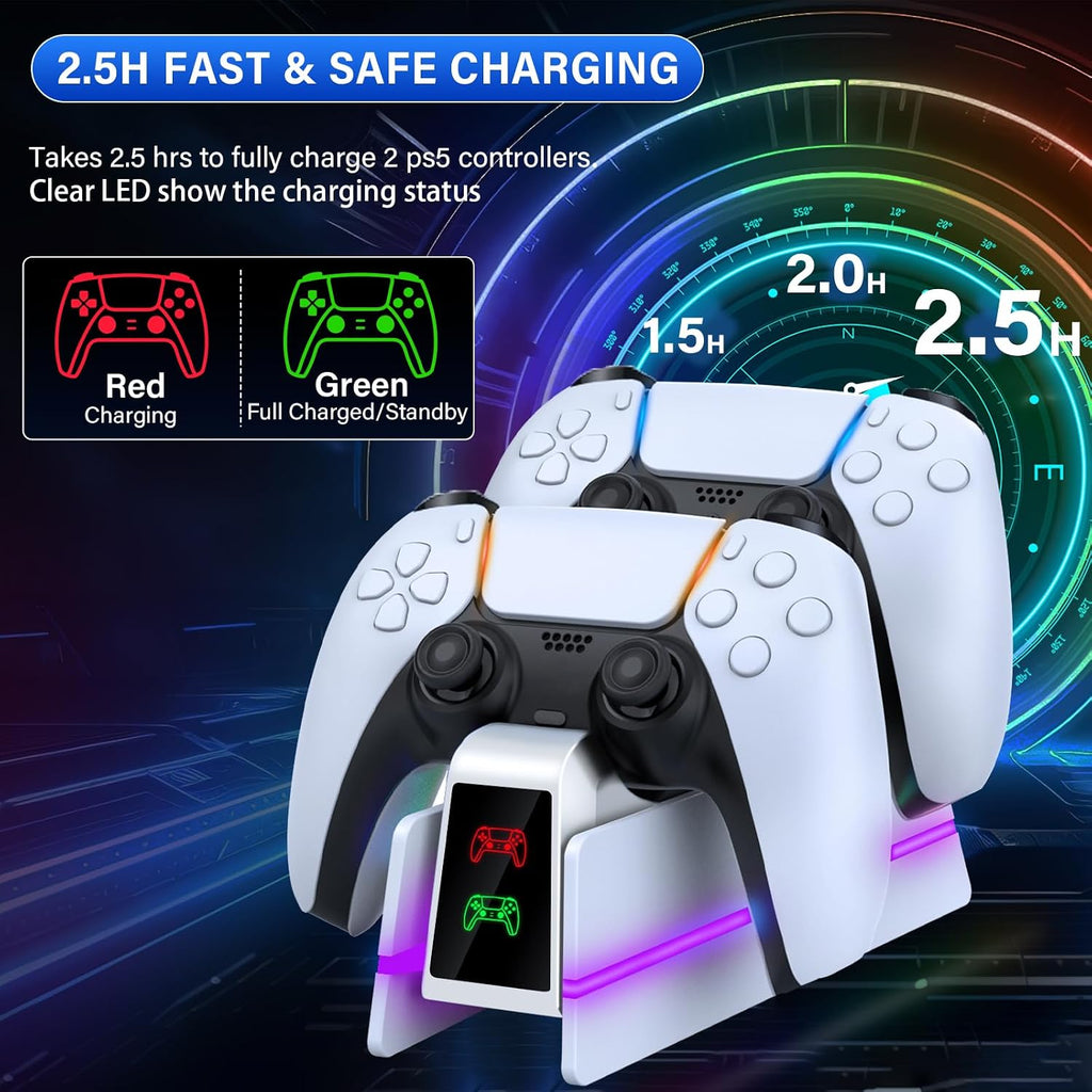PS5-Controller-Charger-Station - Charging Station for PlayStation 5 Dualsense/Edge Controller with 9 Color Led Light, Fast Charging Dock & Holder Stand for PS5/Slim/Pro Remote - Whole White - Image 3