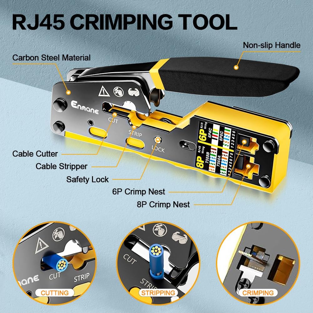 Ethernet Crimping Tool RJ45 /RJ11 Crimp Tools,CAT5 Cat5e Cat6 RJ45 Crimping Tool Kit With Multiply Cable Stripper, Blades,50PCS Cat6 Connectors, 50PCS Boots,Wire Cutter - Image 2