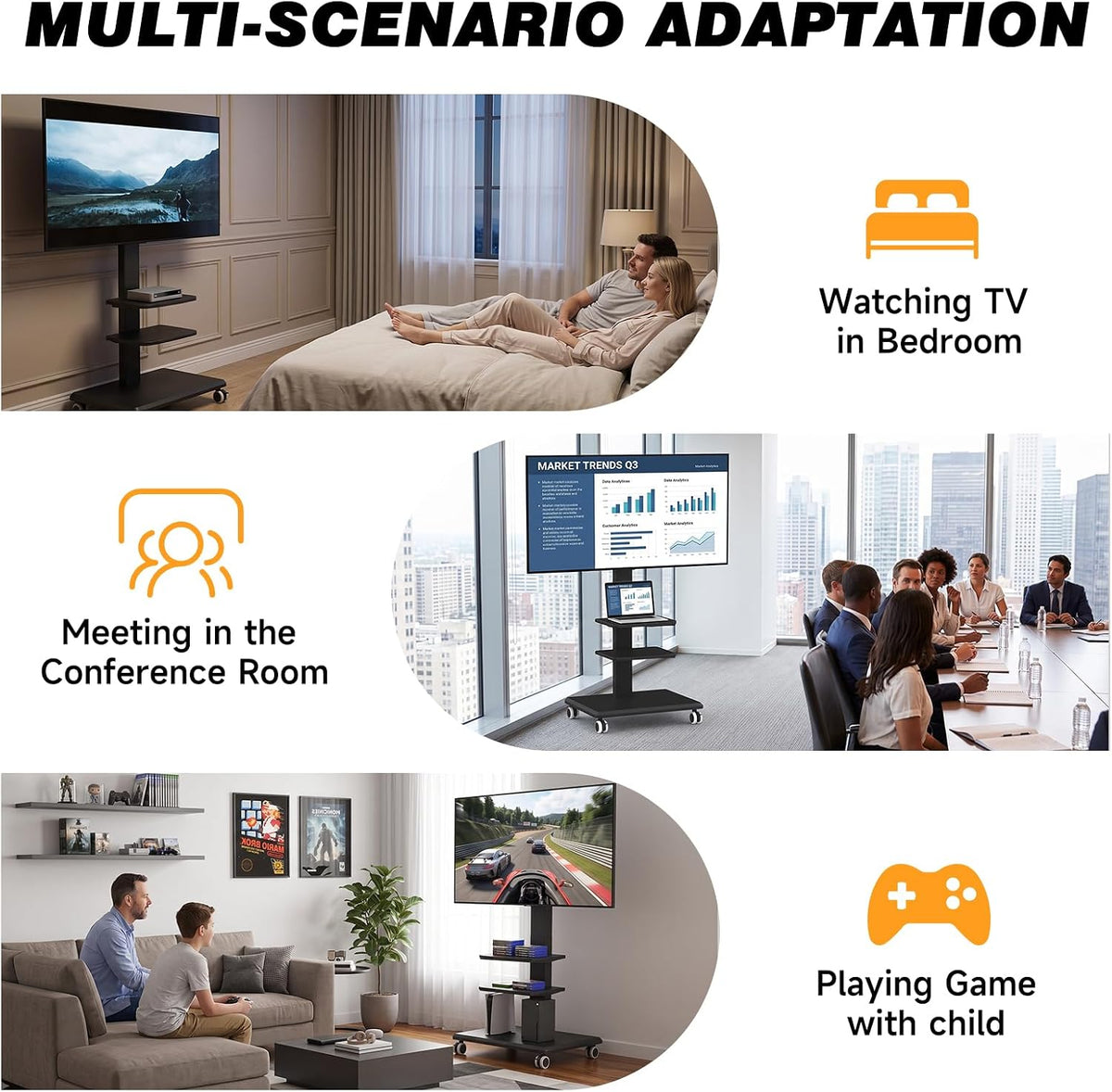 Rolling Floor TV Stand with Double Shelves, Height Adjustable Swivel Freestanding TV Mount with 2'' Lockable Nylon Casters, Solid Wood Base for 32-75 Inch TVs up to 110 lbs, Max VESA 400x400mm - Image 8