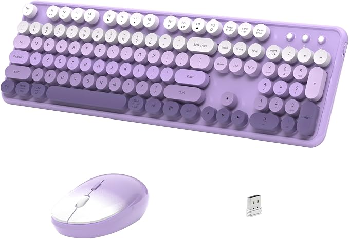 Links9+ Colorful Wireless Keyboard and Mouse Combo (Purple Gradient) | Full-Size Retro Typewriter Style Keyboard with Vintage Round Keycaps, 2.4G Wireless Set for Windows, Mac, Laptop, PC, Desktop by LINKS9
