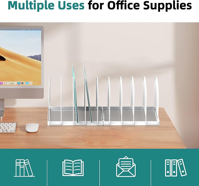 9-Section File Organizer for Desk, Metal File Folder Holder, White | 9 Vertical Compartments with Sturdy Metal Base for Office Documents Books Magazines and Laptop - Image 6