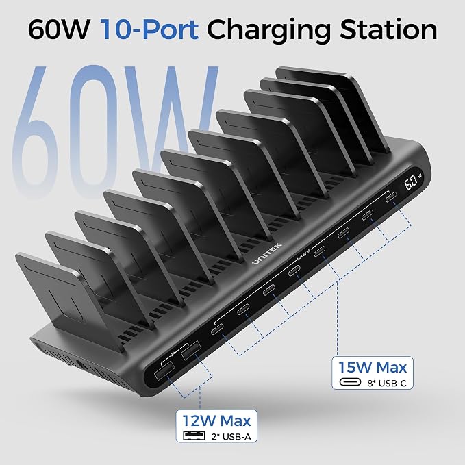 Unitek 10-Port USB-C Charging Station for Multiple Devices with LED Display | Charges 10 Devices At Once, 8 USB-C 2 USB-A Ports, Smart Power Distribution, Overload Protection, For iPhones & iPads - Image 3