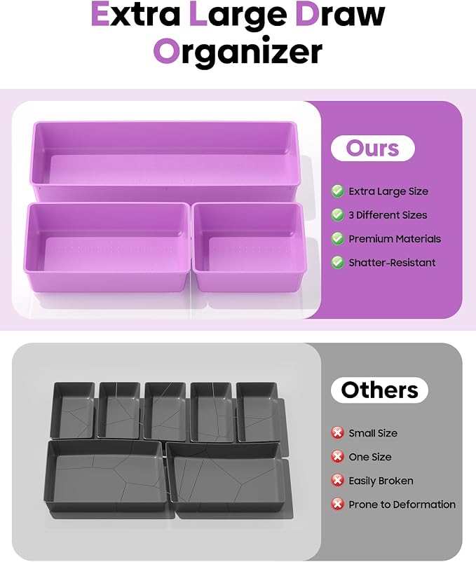 10 Pack Large Size Plastic Drawer Organizers Set, 3 Sizes Desk Drawer Organizer Trays, Storage Bins for Vanity, Makeup, Bathroom, Kitchen Utensils and Office (Purple) - Image 3