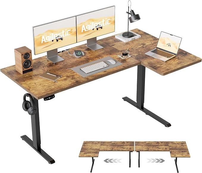 Agilestic 55 * 28 Inch Reversible L Shaped Electric Standing Desk, Brown | Reversible left-right installation, L-shape Workspace, Sturdy Steel Frame, Memory Presets, Hooks, 176 lbs, Easy Assembly by Agilestic