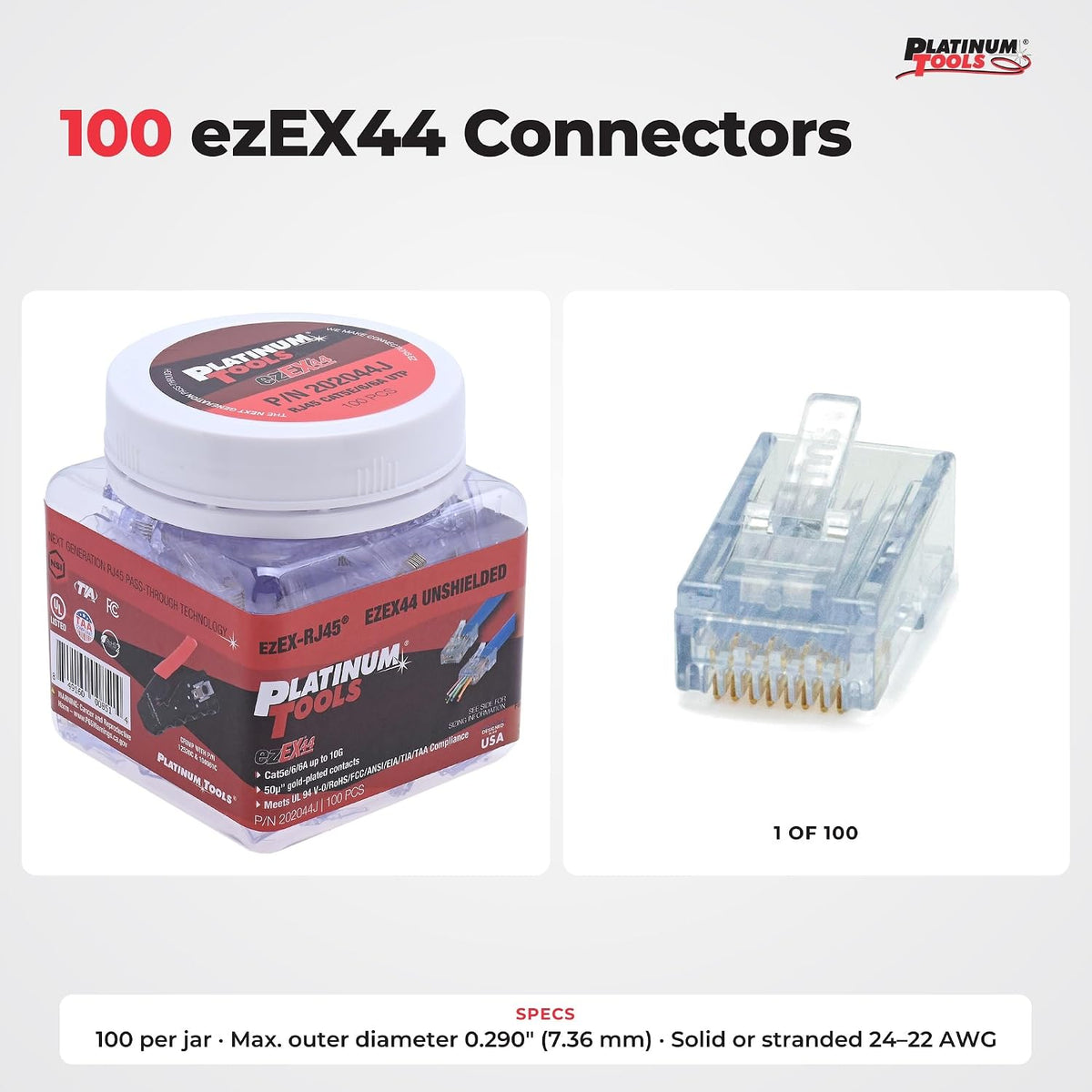 Platinum Tools 202044J ezEX44 Connector for Ethernet Cable Termination, 100 per Jar - Image 3