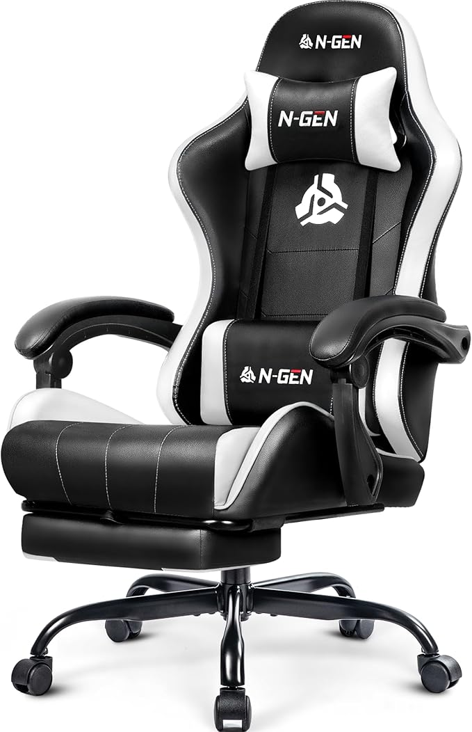 N-GEN GAMING Gaming Chair, Footrest, Lumbar, High-Back, White Black | Reclining Backrest, Linkage Armrests, Durable PU Leather, Adjustable Comfort for Extended Computer, Desk, or Home Office Use by N-GENGAMING