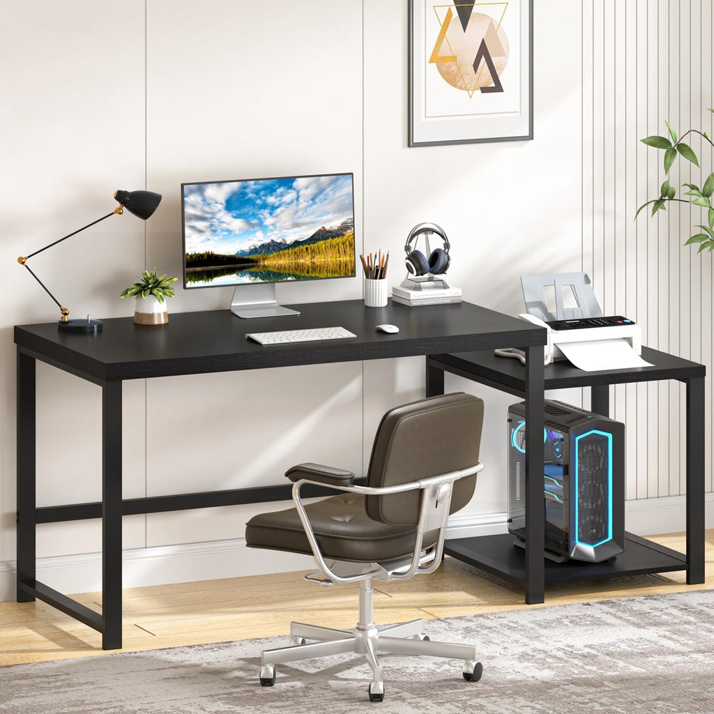 Large Home Office Desk, Black Computer Desk with Storage Shelves, Modern Wood Writing Study Gaming Table for Bedroom Living Room, 63 Inch by FOLUBAN