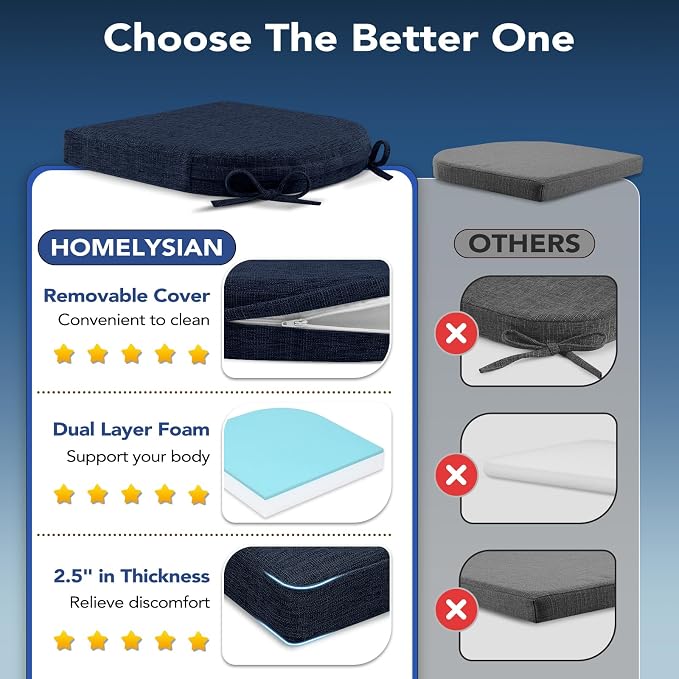 Chair Cushions for Dining Chairs, Non Slip Chair Pads with Ties and Washable Covers, Memory Foam Kitchen Chair Cushions Set of 6, 16"X16"X2.5", Navy - Image 6