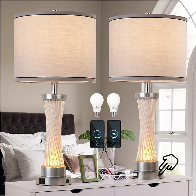 3-Way Dimmable Table Lamp Set of 2,Touch Control Lamp with Night Light,Modern Crystal Table Lamps for Bedroom,Living Room，Bedside Lamps with USB A+C Ports，Fabric Lampshade(Blubs Included) - Image 2