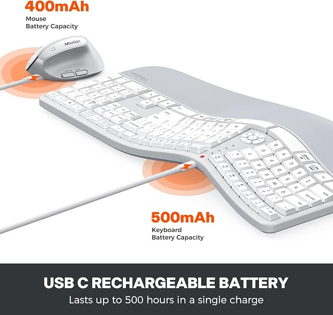 MEETION Ergonomic Keyboard and Mouse Combo, Split Wireless Design, Gray | 2.4G split keyboard with cushioned palm rest and vertical mouse, full-size natural typing design, for Windows and Mac - Image 4