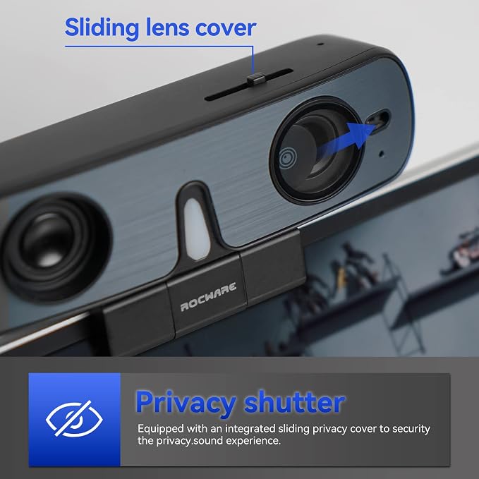 RC08 2K Webcam with Speaker, Webcam for PC, HD Web Cam with Noise Reduction Mic/Harman Speaker/4X Eptz/Privacy Cover/0.2S Auto-Focus/Low Illumination, Computer Camera for Zoom/Teams/Meeting - Image 6