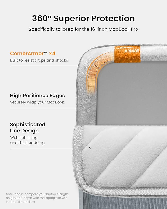 tomtoc 360° Protective Laptop Sleeve for 16-inch New MacBook Pro M5 Pro/Max | 2026 A3428 A3429, M4/M3/M2/M1 A3403 A3186 A2991 A2780, Water-Resistant MacBook Case Bag with Accessory Pocket For Dell XPS 16 - Image 5