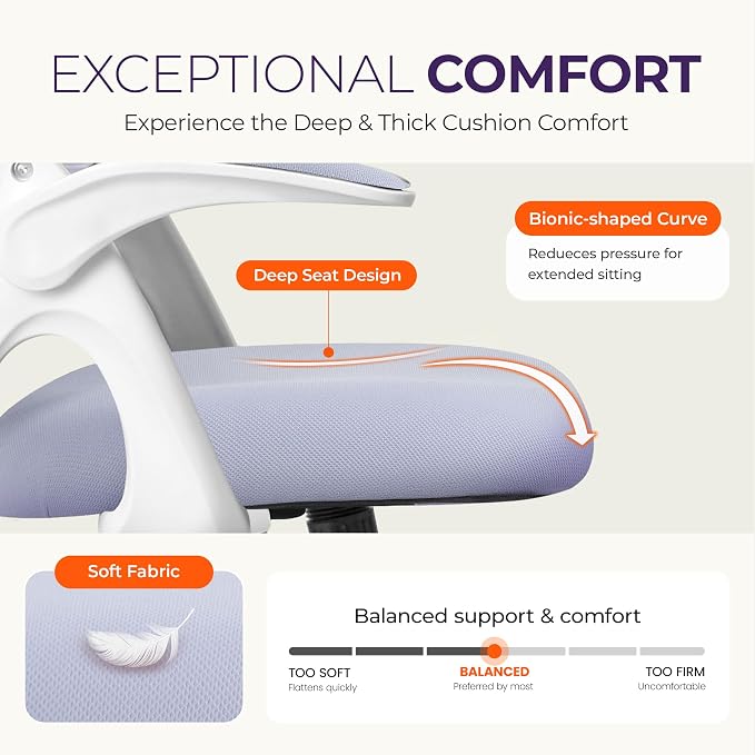 NEO CHAIR Office Desk Chair, Ergonomic Mesh with Flip-Up Armrests, Purple | Lumbar Support, Height Adjustment, 360° Swivel and Rolling Base, Space-Saving Design for Home Office, Vanity or Study - Image 4