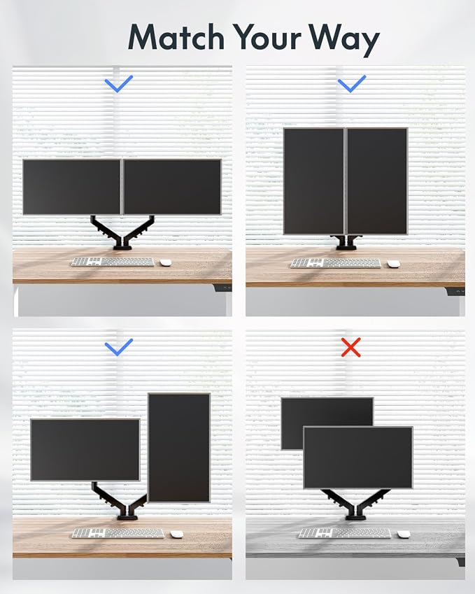 Flexispot Dual Monitor Arm, 17-32 Inch Monitor Mount up to 19.84 lbs, Fast Install VESA Mount for Home Office Gaming, Full Adjustable Gas Spring with C-Clamp and Grommet Base, Black - Image 7