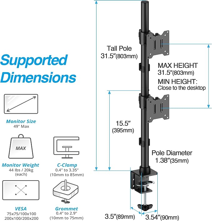 AVLT Dual 49 Inch Stacking Monitor Heavy-Duty Pole Mount - Black | Stack 44 lbs Super Ultrawide Screens Pole Height Tilt Swivel Rotate Adjustment C-clamp Grommet Mounting Base VESA Compatible - Image 3