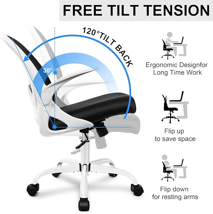 Office Chair Ergonomic Desk Chair with Adjustable Lumbar Support and Height, Swivel Breathable Desk Mesh Computer Chair with Flip up Armrests for Conference Room(White) - Image 6