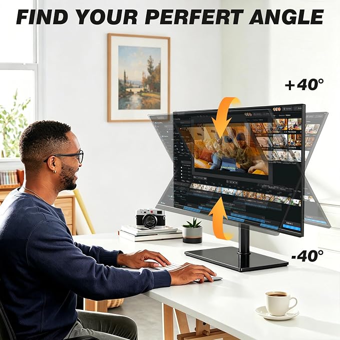 5Rcom Single Monitor Freestanding Stand, Holds Screens 17-35 Inch Regular and Ultrawide, Square Tempered Glass VESA Mount Base, Adjustable Height, Tilt, Swivel, Rotation, Black - Image 7