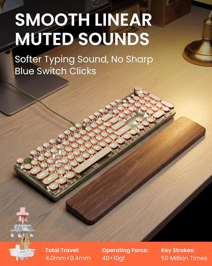 Wired Typewriter Mechanical Keyboard, Retro Punk Keyboard with Media Knob | White Backlit, Metal Panel, 104-Key Round Keycaps Low Noise Typewriter for Windows, PC, Laptop, Green, EWEADN V20 - Image 2