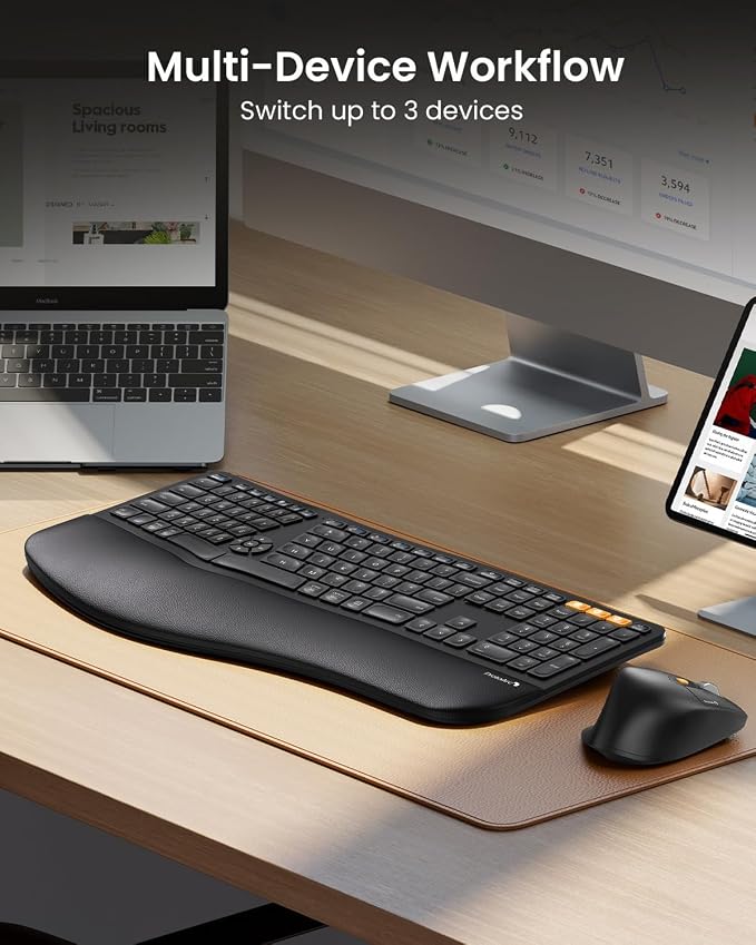 ProtoArc EKM01 Plus Wireless Ergonomic Keyboard Mouse Combo - Black | Full-size Split Keyboard with Cushioned Wrist Rest, Ergonomic Mouse, 3-Device Bluetooth/2.4G, USB-C Rechargeable - Image 6