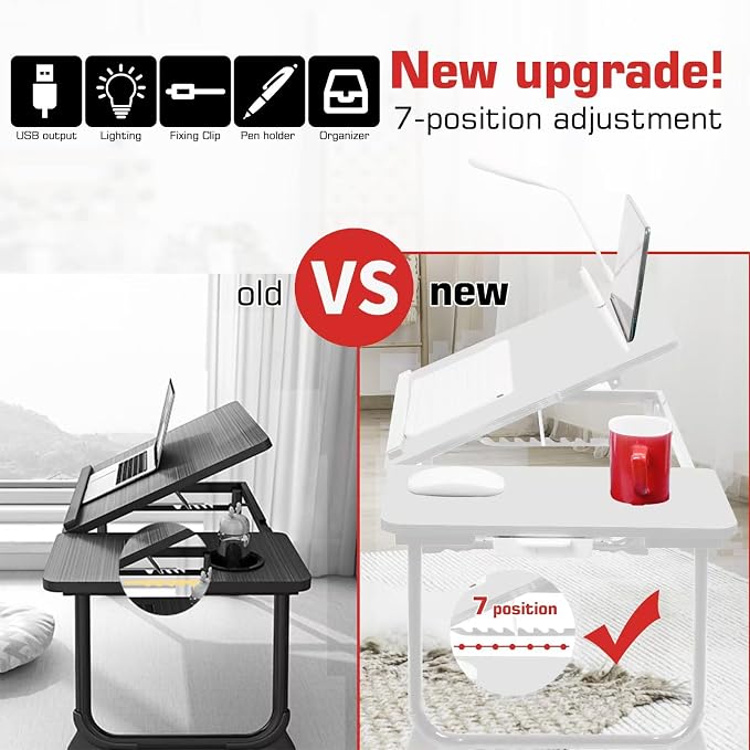 CloudTrip Plus XL Adjustable Laptop Desk with Light, USB Port, iPad Holder, Drawer Storage - Larger 23.6IN Adjustable Lap Desk for Bed, Home Office, Breakfast Tray, Fordable Legs Desk (White) - Image 2
