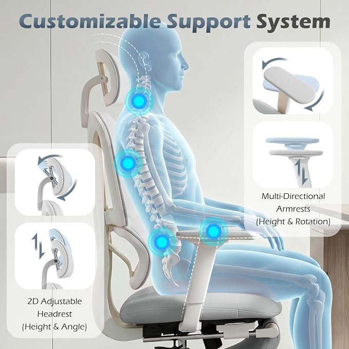 Ergonomic Office Chair with Footrest and Dynamic Lumbar Support, Grey | Reclining high-back computer chair, memory foam seat, 2D armrests, 2D headrest, mesh desk chair for home office, long hours - Image 6