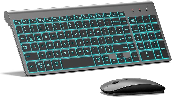 Wireless Backlit Keyboard and Mouse Ultra Slim Combo, TopMate - Gray Black | 2.4G Silent Compact 2400DPI Mouse and Scissor Switch Keyboard Set, Batteries Included, for PC/Laptop/Windows/Mac/Gaming by TopMate