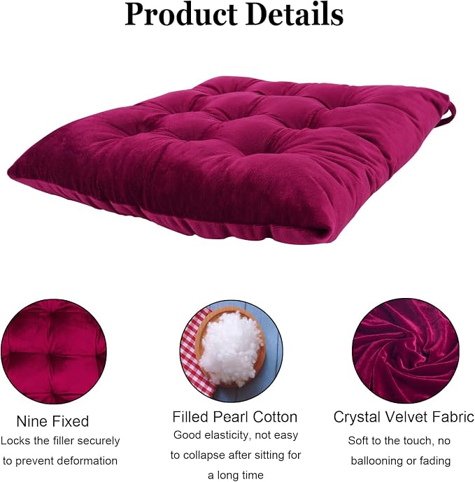 Set of 4 Chair Cushions for Dining Chairs with Ties, Indoor Non-Slip Kitchen Chair Pad and Dining Room Seat Cushion Mat for Office Living Room Outdoor 15.5" - Burgundy - Image 3