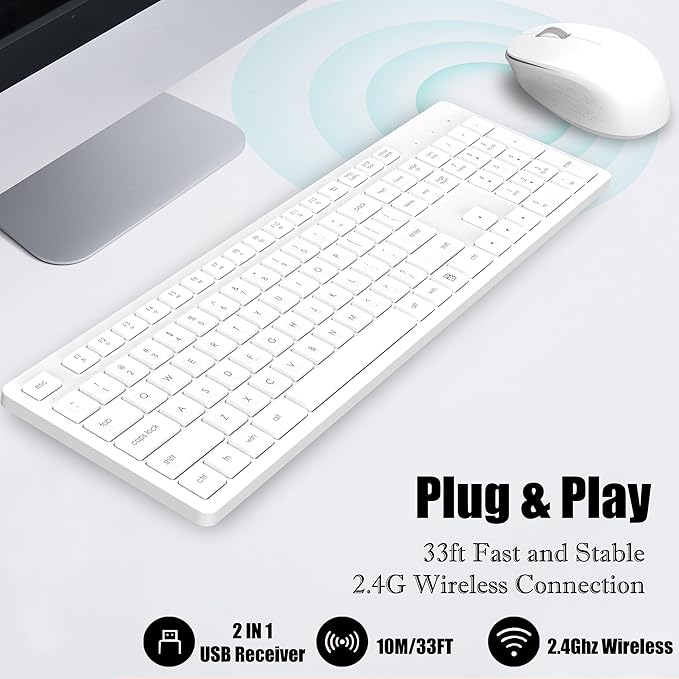 LeadsaiL White Wireless Keyboard and Mouse Combo, Full-Sized Ergonomic Computer Keyboard, 2.4GHz USB Cordless Keyboard Silent Mouse Set, 12 FN Shortcuts for Windows MacOS Laptop Computer - Image 3