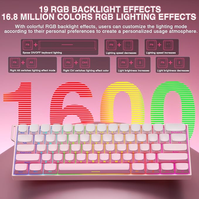 Aula MINI60 HE PRO Wireless Gaming Keyboard 60%,Hall Effect Rapid Trigger Magnetic Keyboard,8000Hz Polling,Tri-Mode(BT5.0/2.4GHz/USB-C),RGB Hot Swappable Compact Pink Mechanical Keyboard for Gamer - Image 9