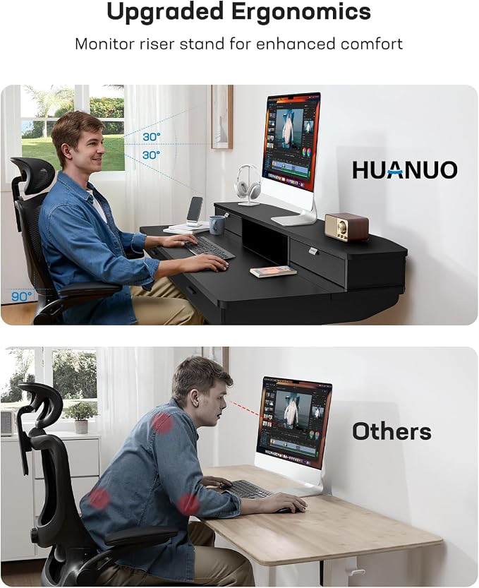 HUANUO 55 x 30 inch Electric Standing Desk with 2 Wood Drawers, Adjustable Height Sit Stand Desk for Home Office, Ergonomic Stand up Desk with 4 Memory Presets, 176 lbs Capacity, Black Top - Image 7